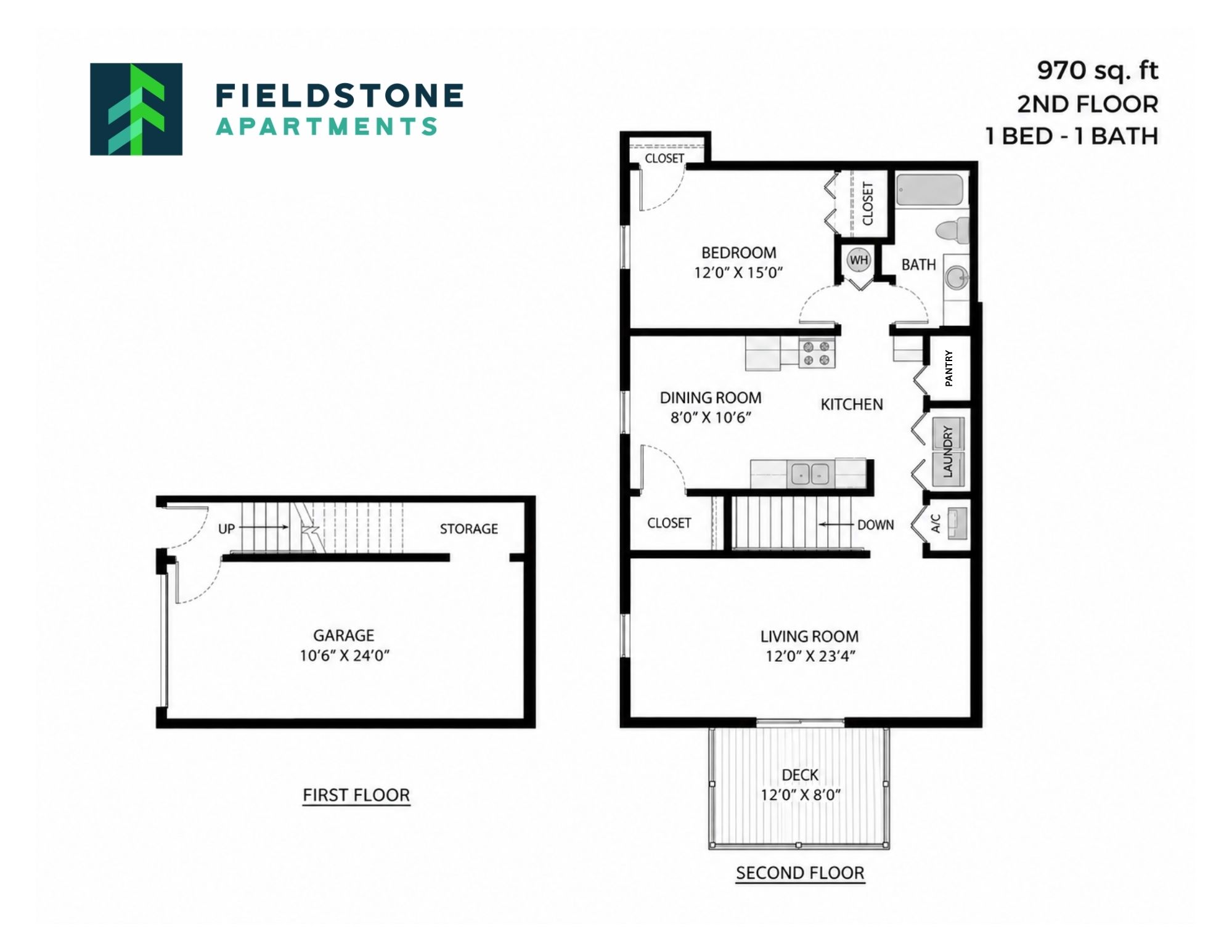 Floor plan for 1 bed, 1 bath, 970 sqft